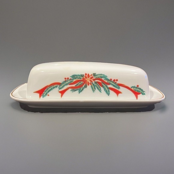 Tienshan Other - Poinsettia & Ribbons Vintage Christmas Fine China Butter Dish